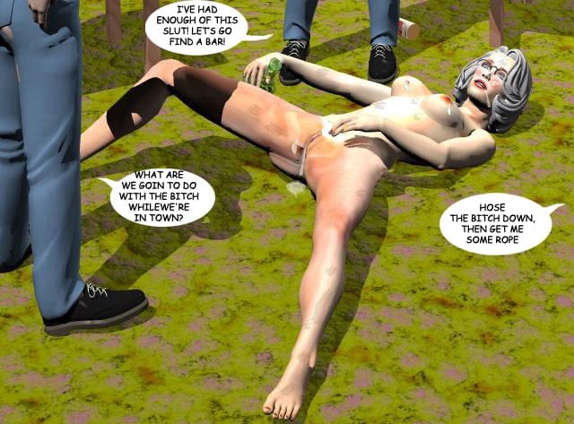 When she has satisfied all the men she is given a bottle of beer. As she lies gasping the men gather round.