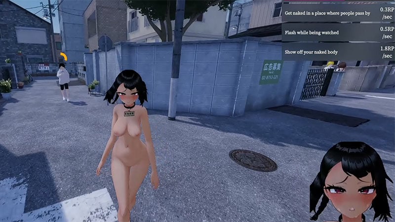 Black-haired exhibitionistic polygon girl prances around a Japanese town naked