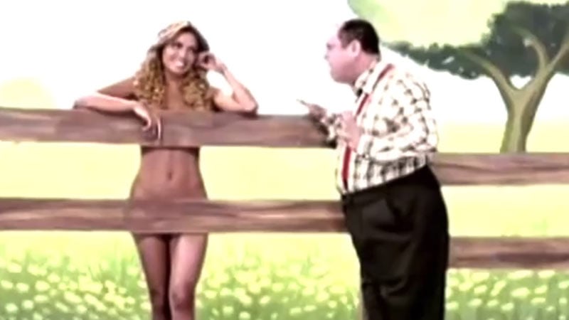 Hot nude Brazilian brunette discussing weight loss with middle-aged man