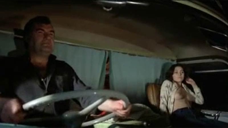 Female hitchhiker strips completely naked for two truck drivers
