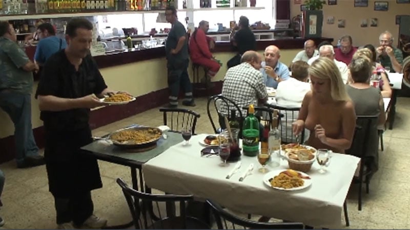 Shapely blonde dines naked in a crowded restaurant