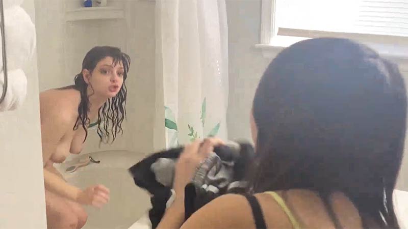 Roommate steals the clothes of a showering brunette girl who just got pied