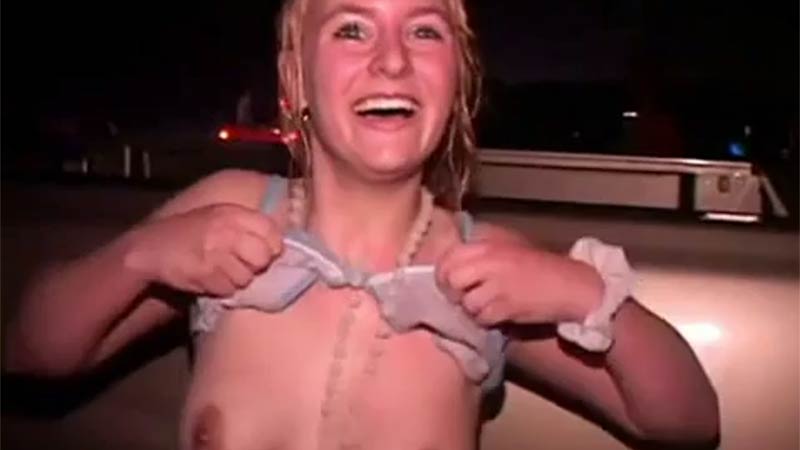 Shy blonde talked into flashing her pussy and tits