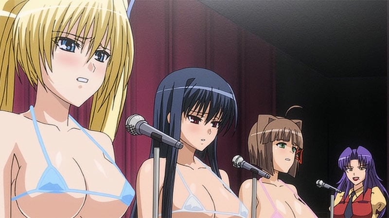 Three busty anime girls are coaxed into stripping in front of a demonic audience
