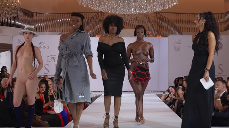 Naked models walk the fashion runway without dignity to showcase designer bags