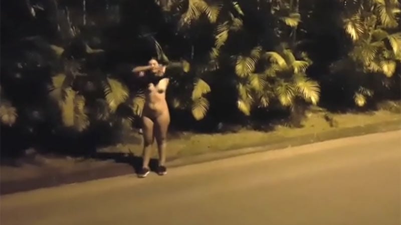 Latina girl strips on a public road and in a park